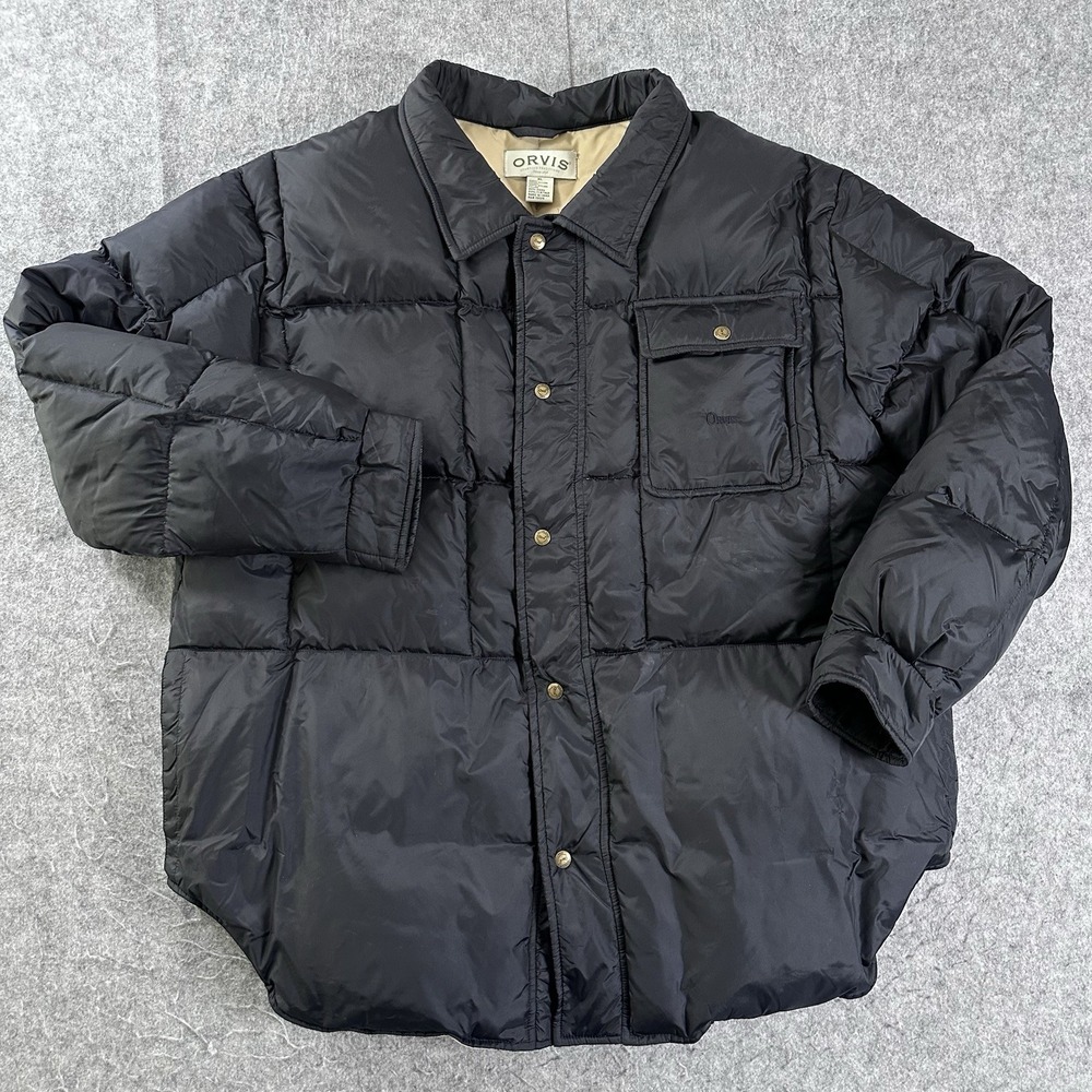 Orvis Goose Down Puffer Jacket XL Snap Outdoor Fishing Hunting Navy Blue Mint